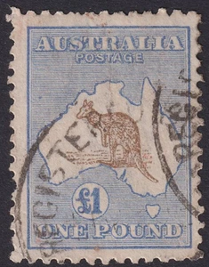 Australia 1916 KGV Roo £1 chocolate + corona estrecha azul opaco usado SG44 gato £1600 - Imagen 1 de 2