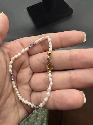 Brazalete de perlas de arroz amatista tono dorado con cuentas nuevo con etiquetas collar de 7,5 pulgadas conjunto de 18 pulgadas Foto 1 de 3