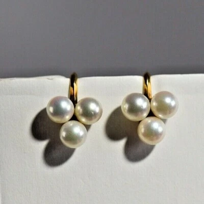 Vintage 1950s 14k CULTURED AAA  Japanese Triple Pearl Earrings  screw back  clip - Image 1 of 4