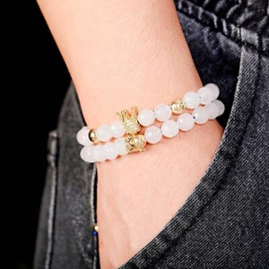 2023 Fashion White Crystal Beads Couple Bracelet Men Classic Crown Queen Jewelry - Picture 1 of 12