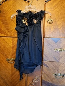 Black Dressy Ruffeled Collar Backless Black Rosette Detail Blouse - Picture 1 of 9