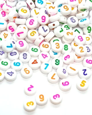 TAFFBEADS 7mm flat round white + colourful mixed numbers 0-9 acrylic beads DIY Craft