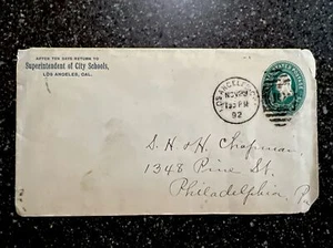 1892 Postmarked Envelope Superintendent Of City Schools Los Angeles, Calif. - Picture 1 of 5