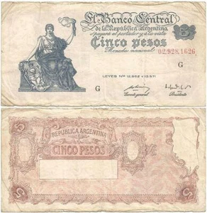1951 ARGENTINA Veteran "CINCO PESOS" Note ISSUED between 1951-59 LONG OBSOLETE - Picture 1 of 3