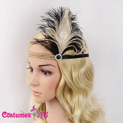 Diadema Pluma Años 20 Oro Novia Gran Gatsby Flapper Tocado Gángster Foto 1 de 3