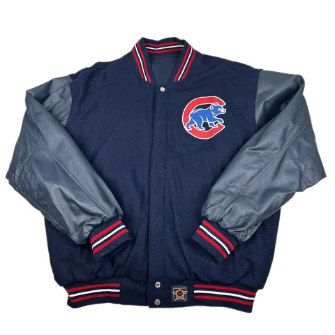 VTG Chicago Cubs Varsity Jacket Reversible Wool Leather Navy Snap JH Design L Cover