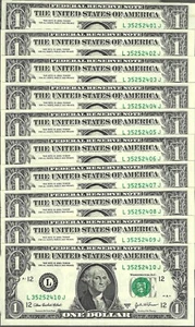 10 Consecutive 2003A $1 LJ Block Federal Reserve Notes - Gem Crisp Uncirculated - Picture 1 of 2