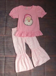 NEW Boutique Christmas Santa Girls Leopard Print Bell Bottoms Outfit Set - Picture 1 of 4