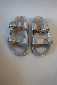 Womens Stuart Weitzman Juanita Silver Bedazzled Buckle Sandal Slides 8 - Picture 1 of 8