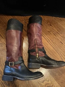 Vince Camuto Tall Leather Riding Boot Black Brown Low Heel Wide Calf Buckle 7B - Picture 1 of 14