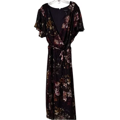 Lane Bryant Maxi Dress Womens Size 22 Navy Floral Chiffon Flutter Sleeve Belt 2X - Image 1 of 4
