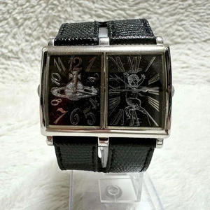 Orologio Vivienne Westwood doppio quadrante Satya Orb raro pelle nero argento usato - Foto 1 di 9