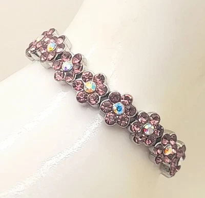 HANDMADE  PURPLE & AB RHINESTON FLOWER SILVER SHAP STRETCH FASHION BRACELETS - Image 1 of 4