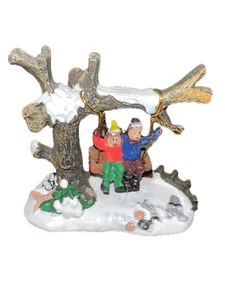 Enchanting Vintage Miniature: Boy & Girl on a Swing in the Snow - Picture 1 of 4