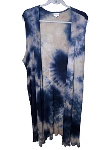Luluaroe Blue Tan Tie Dye Long Sleeveless Vest XL Duster Ribbed Knit Boho Hippie - Picture 1 of 5