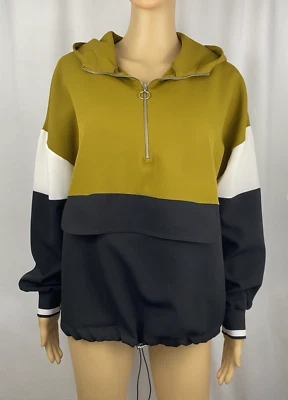 ZARA зеленый Colorblock длинным рукавом пуловер молнии шнурка толстовка с капюшоном, размер средний - Изображение 1 из 4