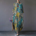 Women Linen Cotton Vintage Floral Print Kaftan Casual Long Maxi Shirt Dress Plus