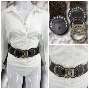 Vintage Y2K Leopard Elastic Double Circle Buckle Waist Belt New Wave Sz S/M - Picture 1 of 5