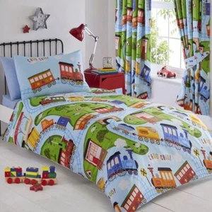 Train Tracks Single Duvet Cover Set Children's Reversible Bedding Engines Blue - Picture 1 of 4
