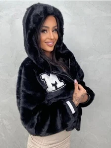 Womens Ladies Fashion New Sporty Fur Jacket Black Size S - Picture 1 of 7
