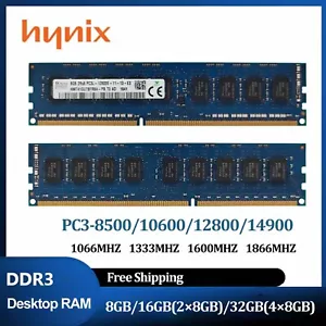 Hynix DDR3 8GB 16GB 32GB 1066 1333 1600 1866MHz RAM Desktop Memory DIMM New Lot - Picture 1 of 7