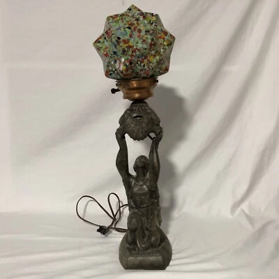 Antique Art Deco Figural Woman Lamp End Of Day Starburst Glass Globe Works Great - Image 1 of 4