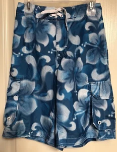 Arizona Boys Size 8 Small Aqua Blue White Floral Swim Trunks Shorts EUC - Picture 1 of 4