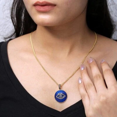 Ciondolo malocchio diamante pavè zaffiro pietra preziosa argento 925 oro 14 c... - Immagine 1 di 4