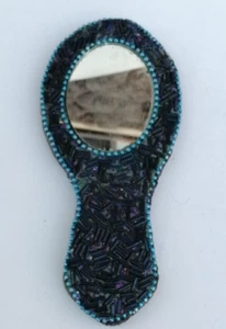 Vintage Mirror Jordanian Glass Handmade With Beads Small Blue Clean Nice Unique - Picture 1 of 3