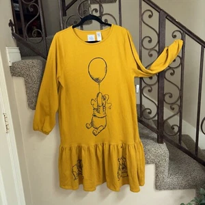 NWT Disney Sz L Winnie The Pooh Honey Yellow Dress Drop Waist Balloon Sleeve D2 - Picture 1 of 9