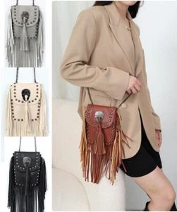 Women Fashion Tassel Crossbody Bag with Rivets Small Shoulder Bag PU Leather - Picture 1 of 14