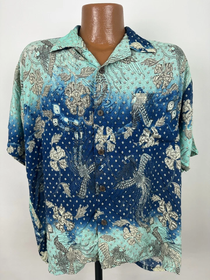 Vintage 90s Paisley Shirt Men Large Peacock Bird Floral Hawaiian Hippie Rayon - Image 1 of 4