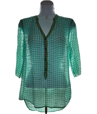 Daisy Fuentes 3/4 Sleeves Top Blouse Women XS Green White Check V Neck Buttons - Image 1 of 4