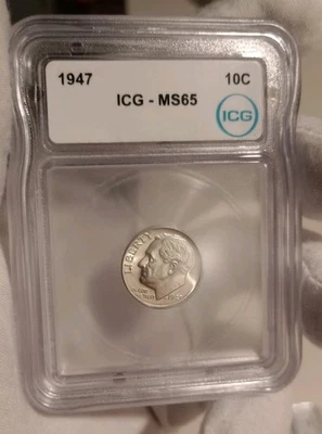 1947 Roosevelt Dime Silver ICG MS65 MS 65 New White Label - Image 1 of 4