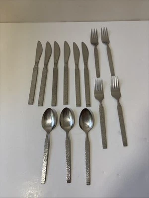 Vintage Ecko Eterna EKS2 Stainless Steel Hammered Textured Flatware Set of 13 - Image 1 of 4