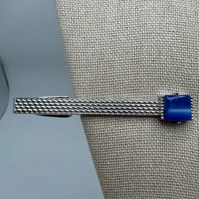 Clip de barra de corbata de piedra ojo de gato azul pulido tono plata Swank Foto 1 de 4