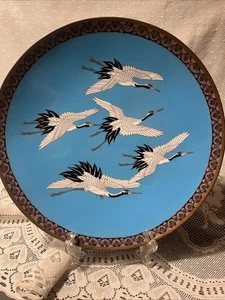 Antique Japanese Meiji Cloisonné Enameled Charger 5 Cranes Birds Beautiful Shape - Picture 1 of 24