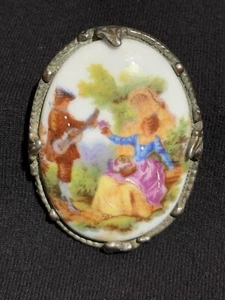 Vintage Französische Limoges Brosche Silberfarben Handbemalt Porzellan - Bild 1 von 5