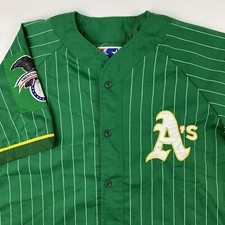 VTG 90s Starter Oakland A's Athletics Pinstripe Baseball Jersey Large Kelly