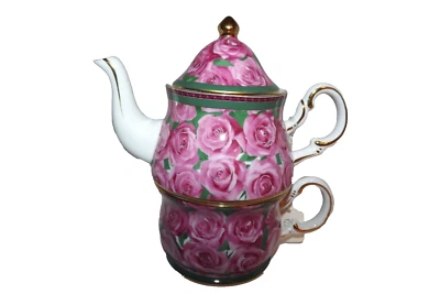Ganz Tea for One 3 Pc Porcelain Rosebud Floral Design Green Foliage Gold Edged - Image 1 of 4