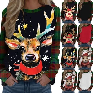 Womens Blouse Christmas Tops Long Sleeve T Shirt Xmas Gift Ladies Pullover Party - Picture 1 of 33