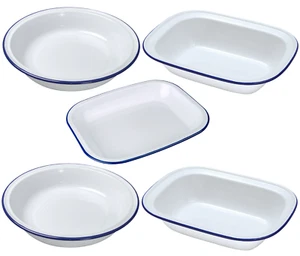 WHITE PIE DISH ENAMEL STEAK PUDDING ASHET BAKE BAKING OBLONG&ROUND OVEN DISH TIN - Picture 1 of 20