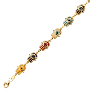 14K Yellow Gold Multi-Color Hamsa Hand Evil Eye Bracelet - Good Luck Charm Chain - Picture 1 of 2