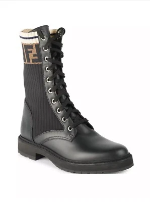 Botas de combate Fendi Rockoko de cuero y punto - talla 37 Foto 1 de 4