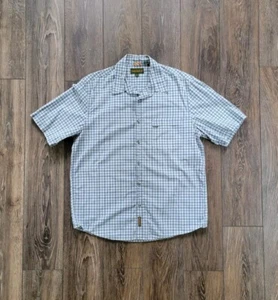 Timberland Men's XL Blue Gray White Plaid Short Sleeve Button Front 100% Cotton - Picture 1 of 14