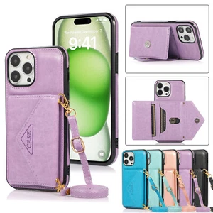 For iPhone 16 16 Pro Max Crossbody Strap Wallet Card Flip Stand Hard Purse Case - Picture 1 of 46