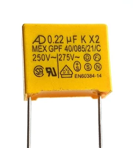[2 Stück] 0,22uF 275V, 220nF, AD X2 MEX Sicherheitskondensator, Rastermaß 15mm - Ref:677b - Bild 1 von 4
