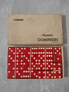 Incomplete Set 27 Red Bakelite Puremco Marblelike Dominoes in Box Replacements - Picture 1 of 8