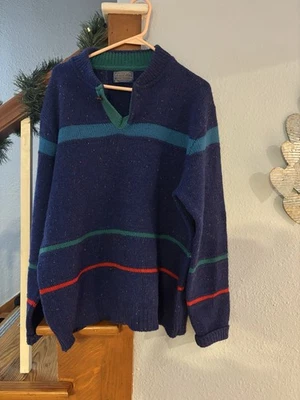 Pendleton wool sweater vintage marled blue striped large ski cozy speckled smell - Image 1 of 4