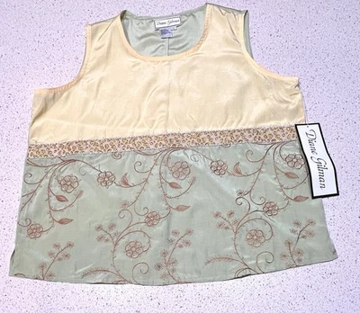 Nuevo top de seda sin mangas estampado amarillo verde elegante Diane Gilman para mujer talla L Foto 1 de 4